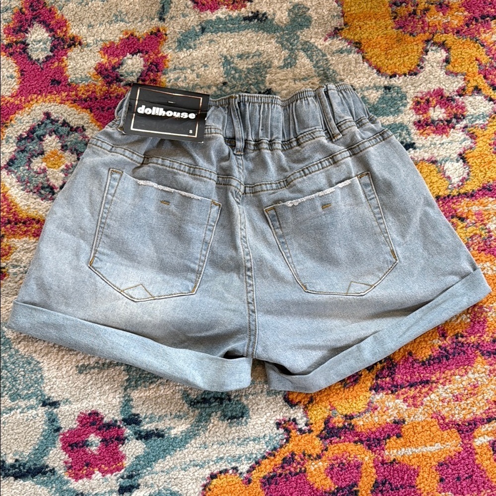 Dollhouse Blue Jean Shorts Elastic Waistband Cuffed Hem - Picture 4 of 10